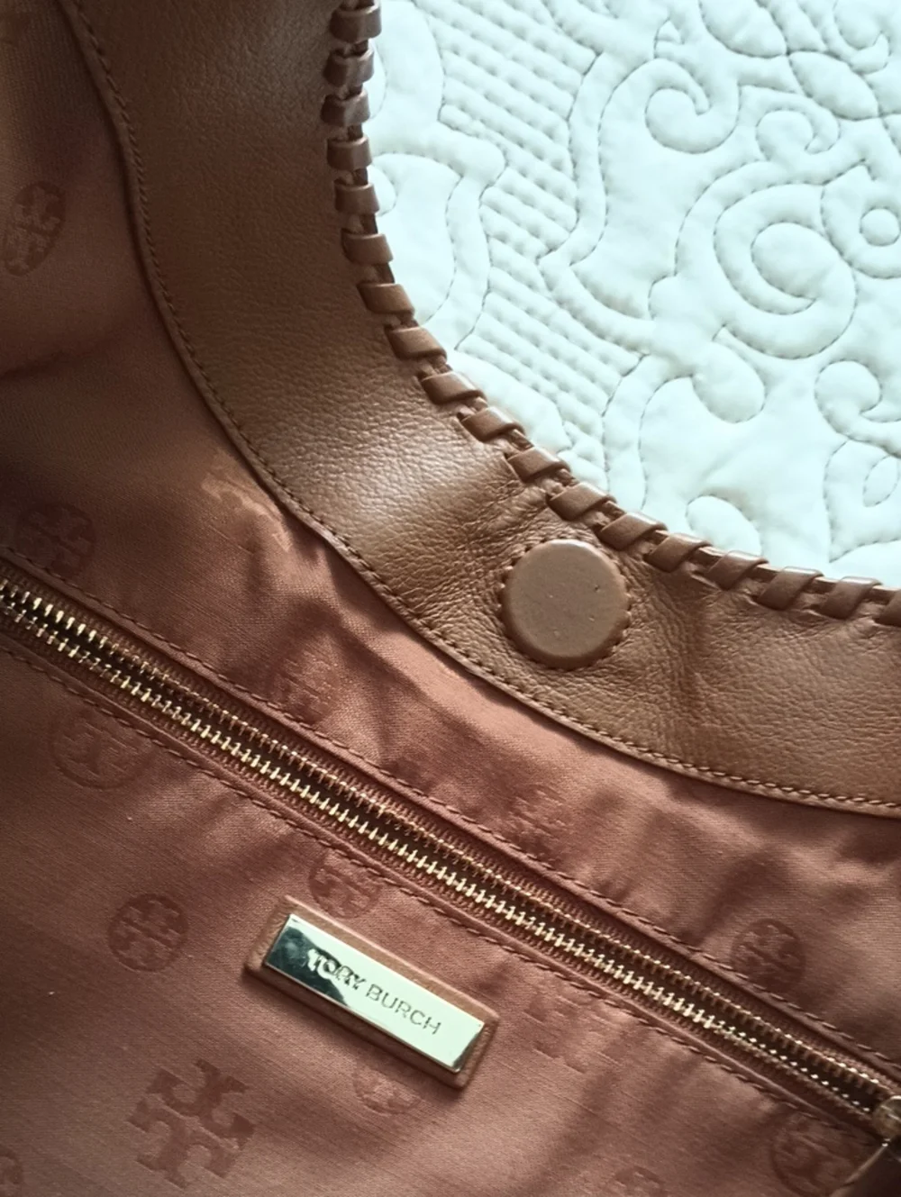 Tory Burch Marion Whipstitch Warm Cognac Leather Shoulder Logo Hobo